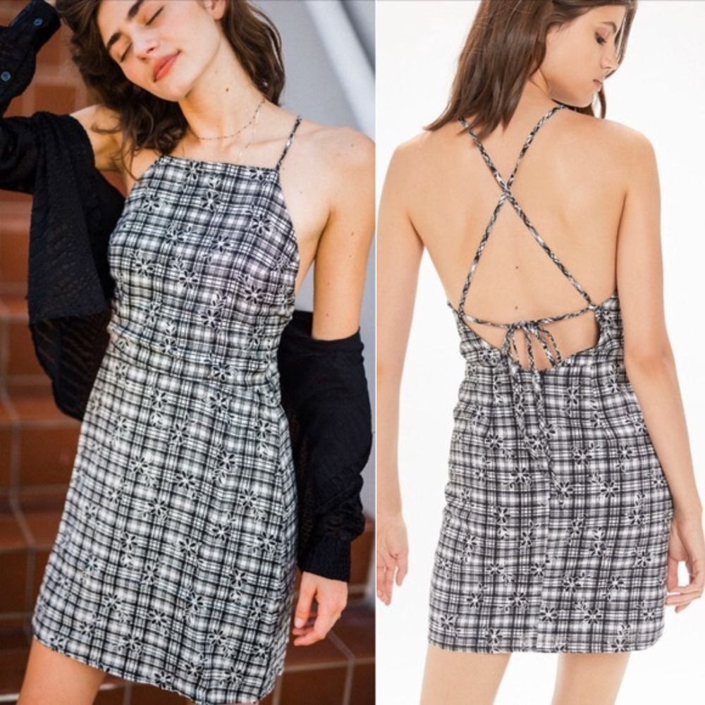 Urban Outfitters Plaid Flower Strappy Gingham Mini Dress Black White Medium